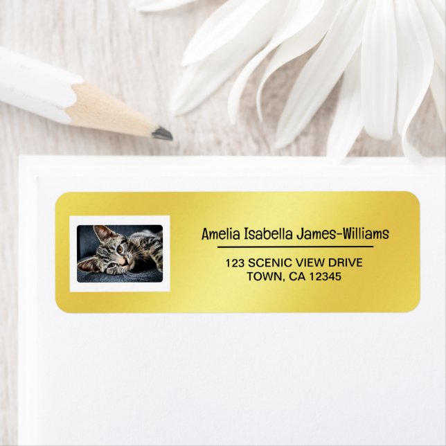 Pet Cat Photo Elegant Modern Return Address Golden Label (Insitu)