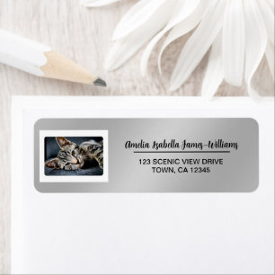 Pet Cat Photo Elegant Modern Return Address Silver Label