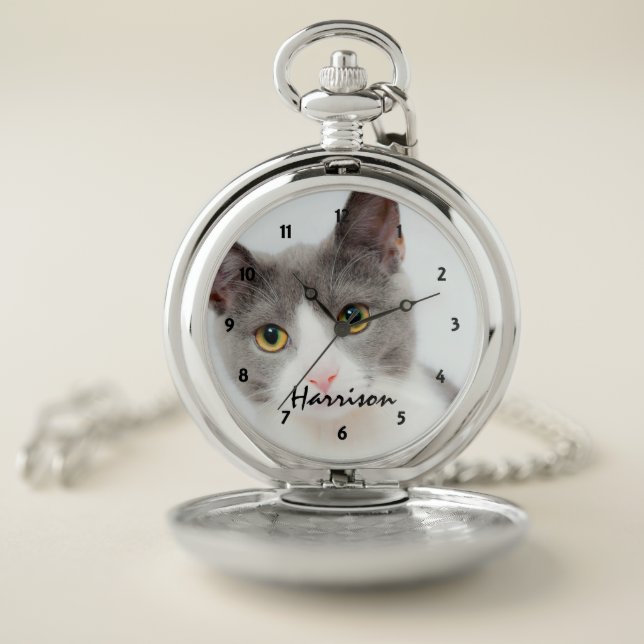 Pet Cat Photo Personalized Face Pocket Watch (Inside)