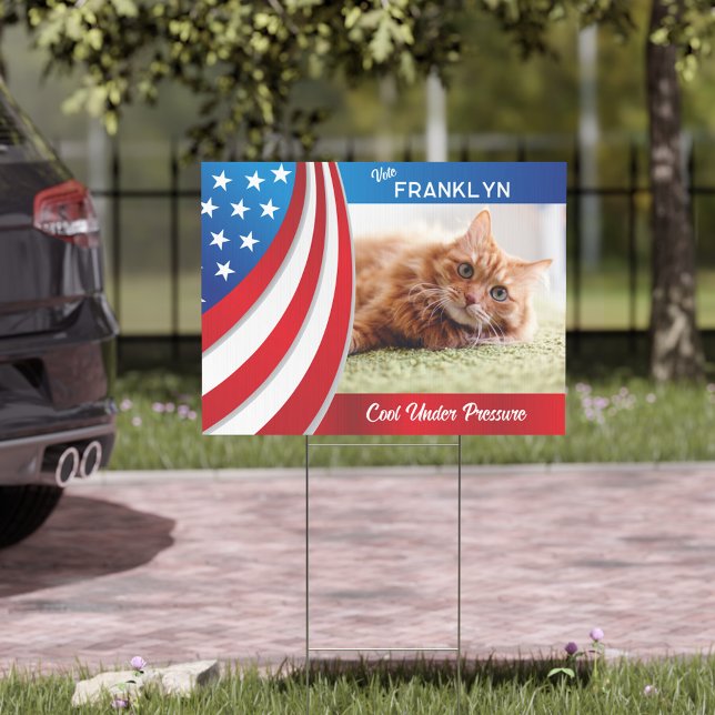 Pet Cat Photo Presidential Election 2024 Vote Sign (Red Blue and White USA Election Cat Photo Gag Yard Sign)
