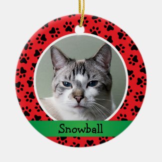 Pet Cat Photo Red Paw Prints Holiday Monogram Ceramic Ornament