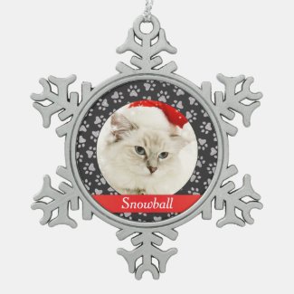Pet Cat Photo Red Silver Paw Prints Holiday Custom Snowflake Pewter Christmas Ornament