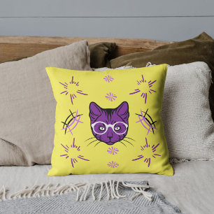 Pet Cat Purple White Black Yellow Pattern Custom Throw Pillow