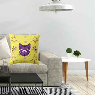Pet Cat Purple White On Black Modern Cute Yellow Throw Pillow