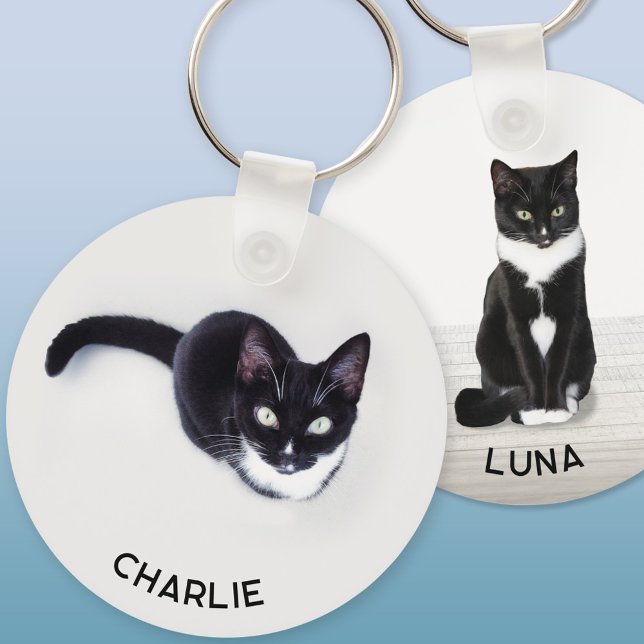 Pet Cat Two Photo Personalized Keychain (Personalized custom name pet cat double sided two photo keychain for animal lovers)