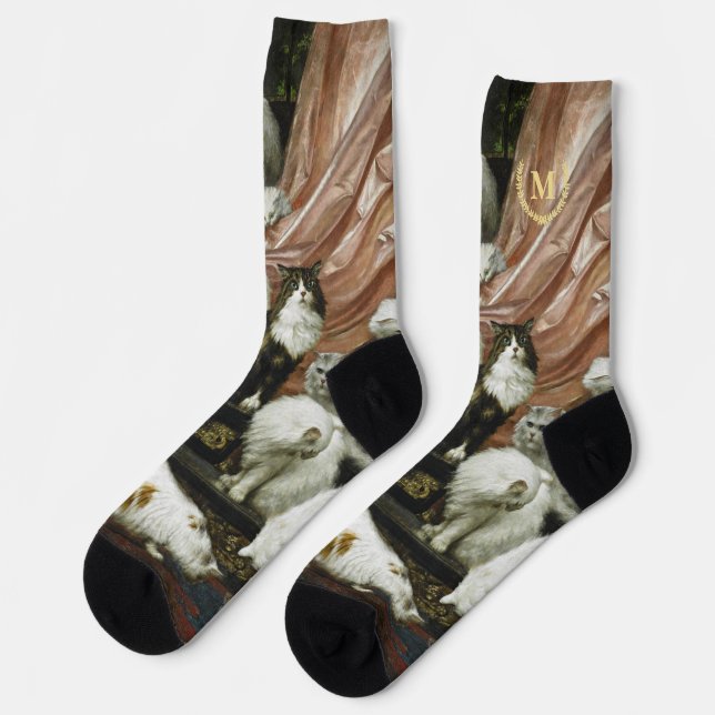 Pet Cats Kittens Vintage Animal Art Monogrammed Socks (Left)