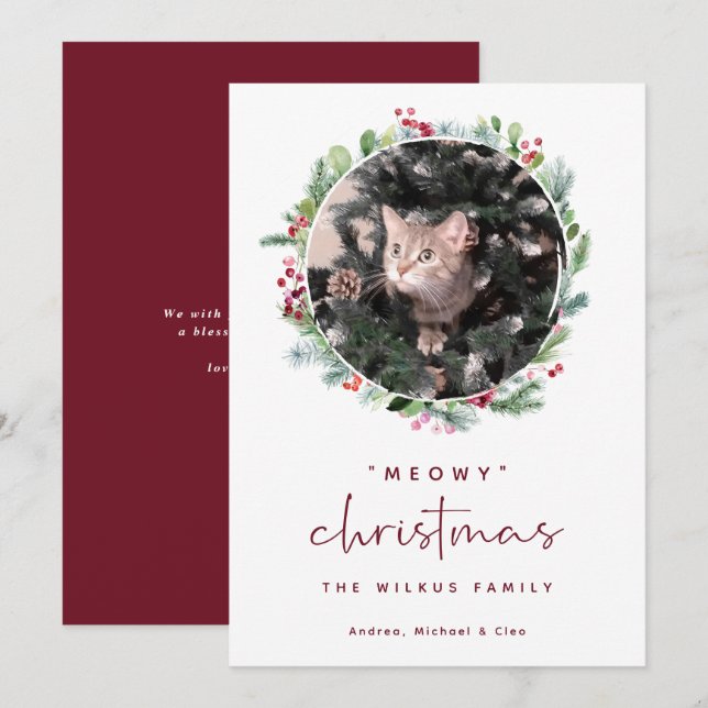 Pet Christmas Card with Photo Cat Wreath (Front/Back)