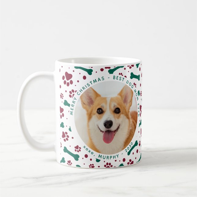 Pet Christmas Custom Photo Paw Prints Dog Mom Coffee Mug (Left)