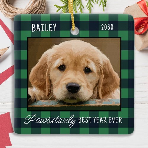 Pet Christmas Personalized Plaid Puppy Dog Photo Ceramic Ornament