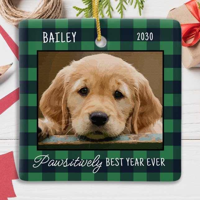 Pet Christmas Personalized Plaid Puppy Dog Photo Ceramic Ornament (Creator Uploaded)