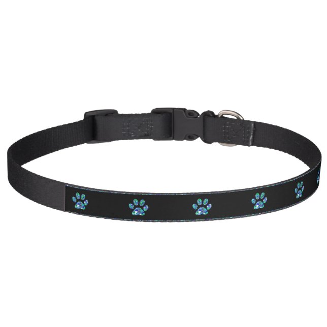 Pet Collar Teal Blue Bling Paw Prints (Front)