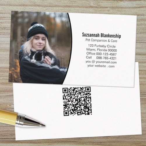 Pet Companion Black White Custom Photo QR Code Business Card