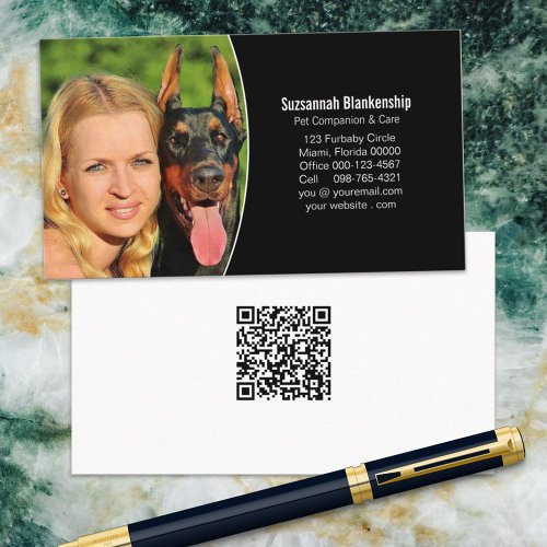 Pet Companion Black White Custom Photo QR Code Business Card