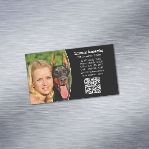 Pet Companion Black White Custom QR Code Photo Business Card Magnet