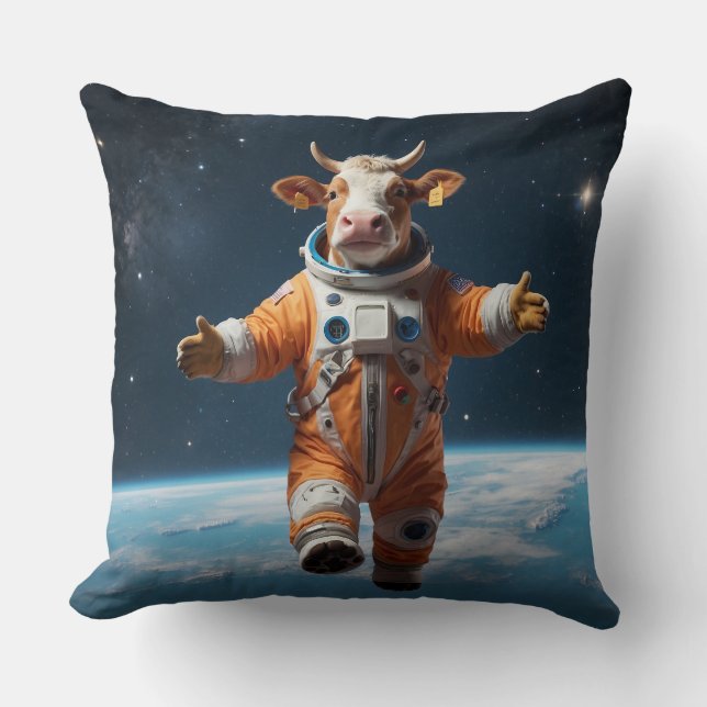 Pet Cow in Space Throw Pillow (Front)