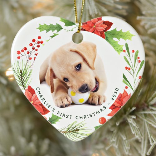 Pet Custom 2 Dog Photo Heart Wreath Christmas Ceramic Ornament