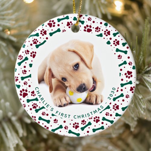 Pet Custom 2 Dog Photo Paw Prints Bones Christmas Ceramic Ornament