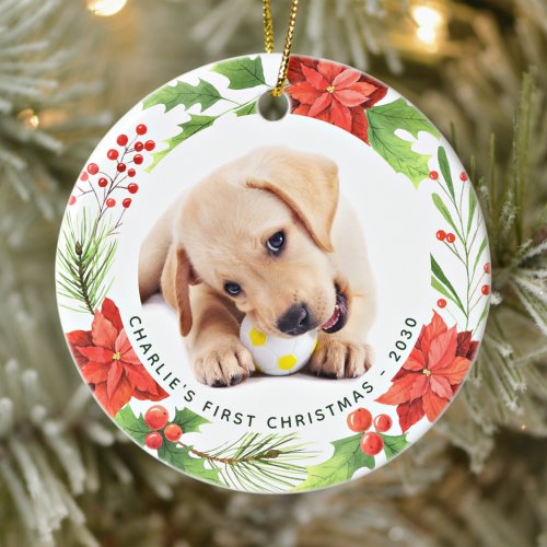 Pet Custom 2 Dog Photo Poinsettia Wreath Christmas Ceramic Ornament