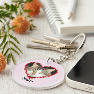 Pet custom photo name paw prints pink keychain