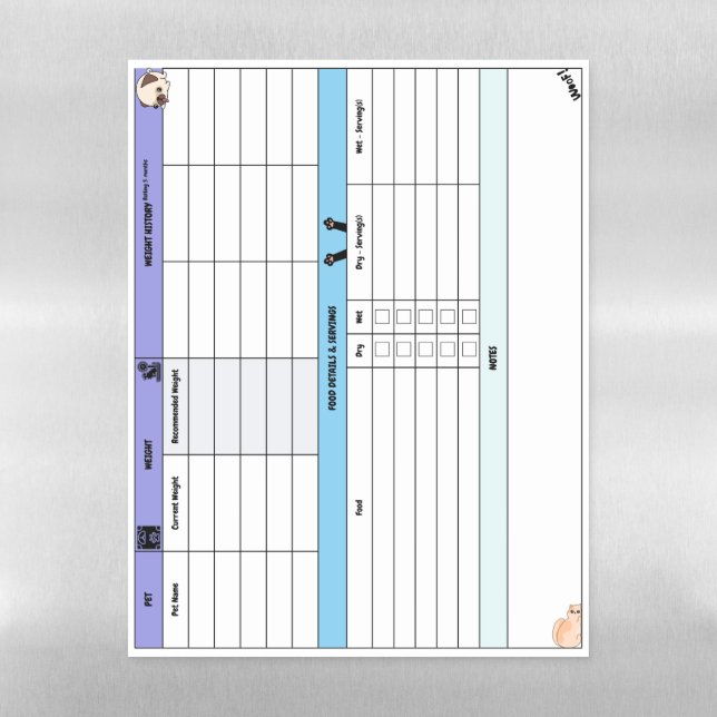 Pet Diet Tracker | Weight & Feeding Schedule Magnetic Dry Erase Sheet (Vertical)