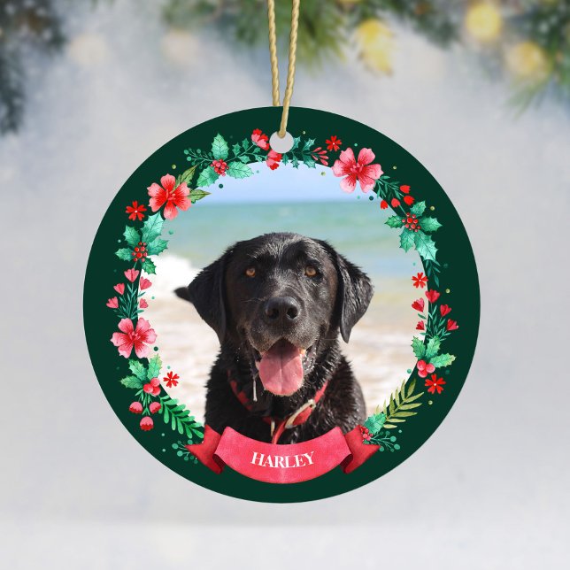 Pet Dog 2 Photo Christmas Wreath Ceramic Ornament (Pet Dog Two Photo Christmas Wreath Ceramic Ornament)