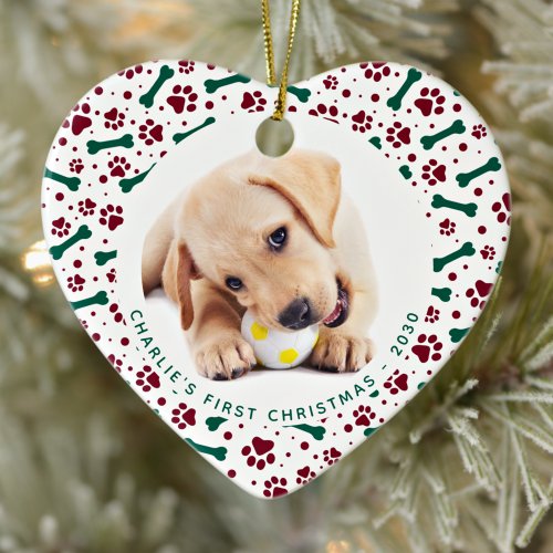 Pet Dog 2 Photo Paw Prints Personalized Christmas Ceramic Ornament