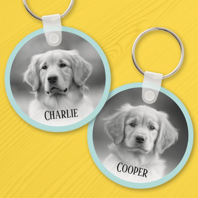 Pet dog 2 photos light aqua blue border add name keychain (Creator Uploaded)