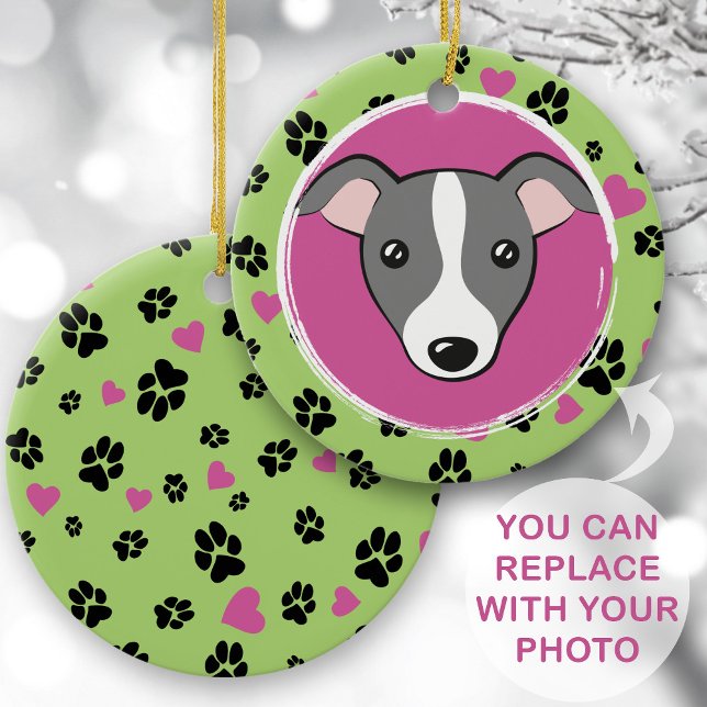 Pet dog cartoon Custom photo Paw prints Green Ceramic Ornament (Creator Uploaded)