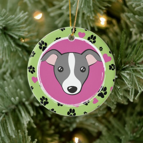 Pet dog cartoon or your photo Green paw prints Ceramic Ornament