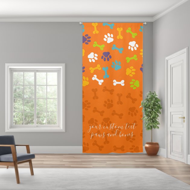 Pet Dog Cat Bone Paws Orange Kids Room Blackout Curtains