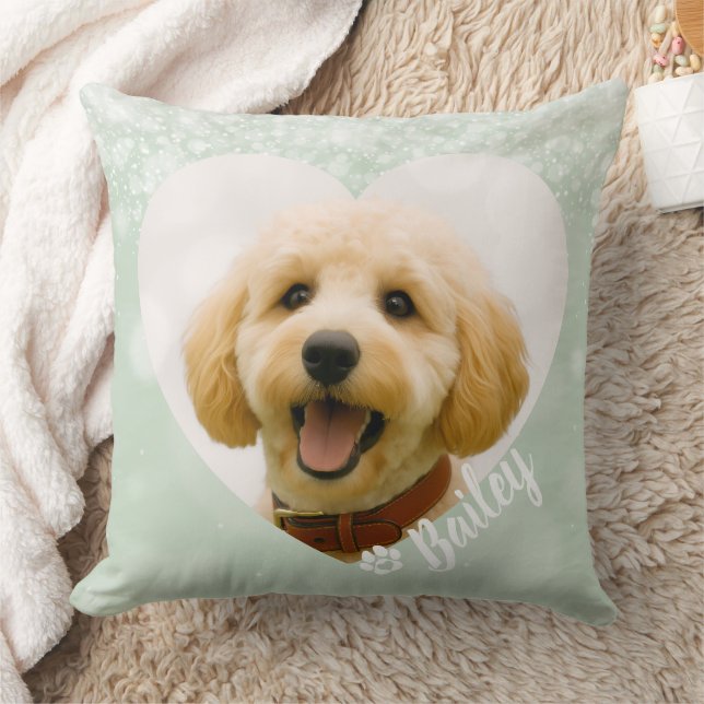 Pet Dog Cat Custom Photo Green Memorial Keepsake Throw Pillow (Blanket)