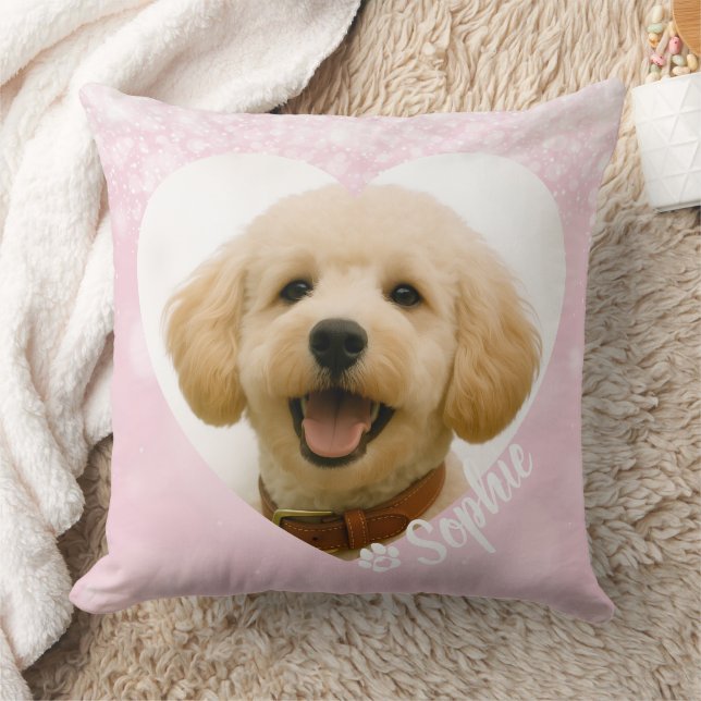 Pet Dog Cat Custom Photo Pink Memorial Keepsake Throw Pillow (Blanket)