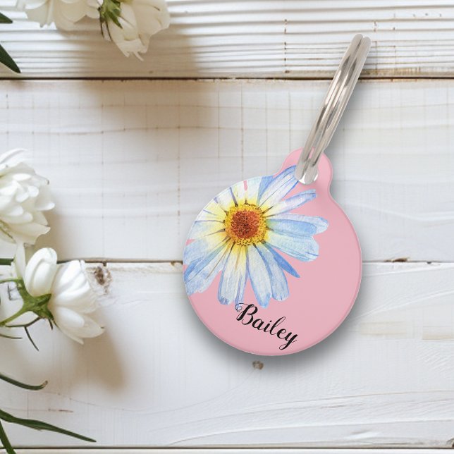 Pet Dog Cat Modern Pink Daisy Pretty ID Customize Tag (Creator Uploaded)