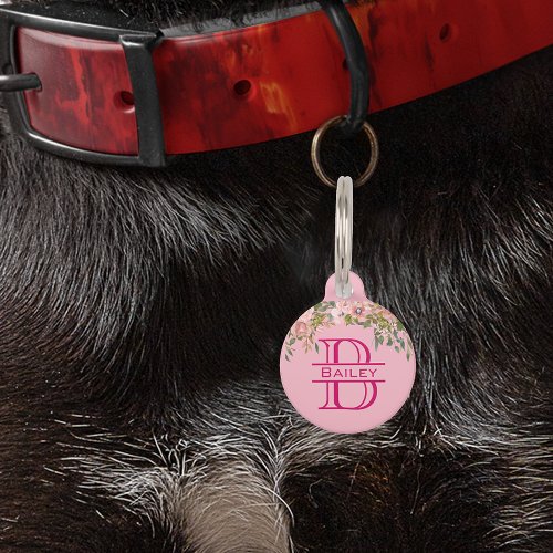 Pet Dog Cat Monogram Tag Pink Floral Girl ID