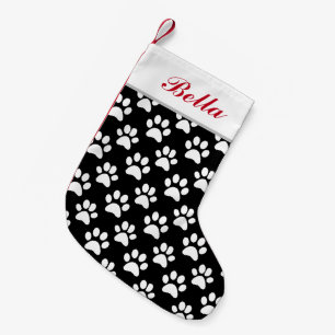 Pet Dog Cat Name Black White Paw Prints Small Christmas Stocking