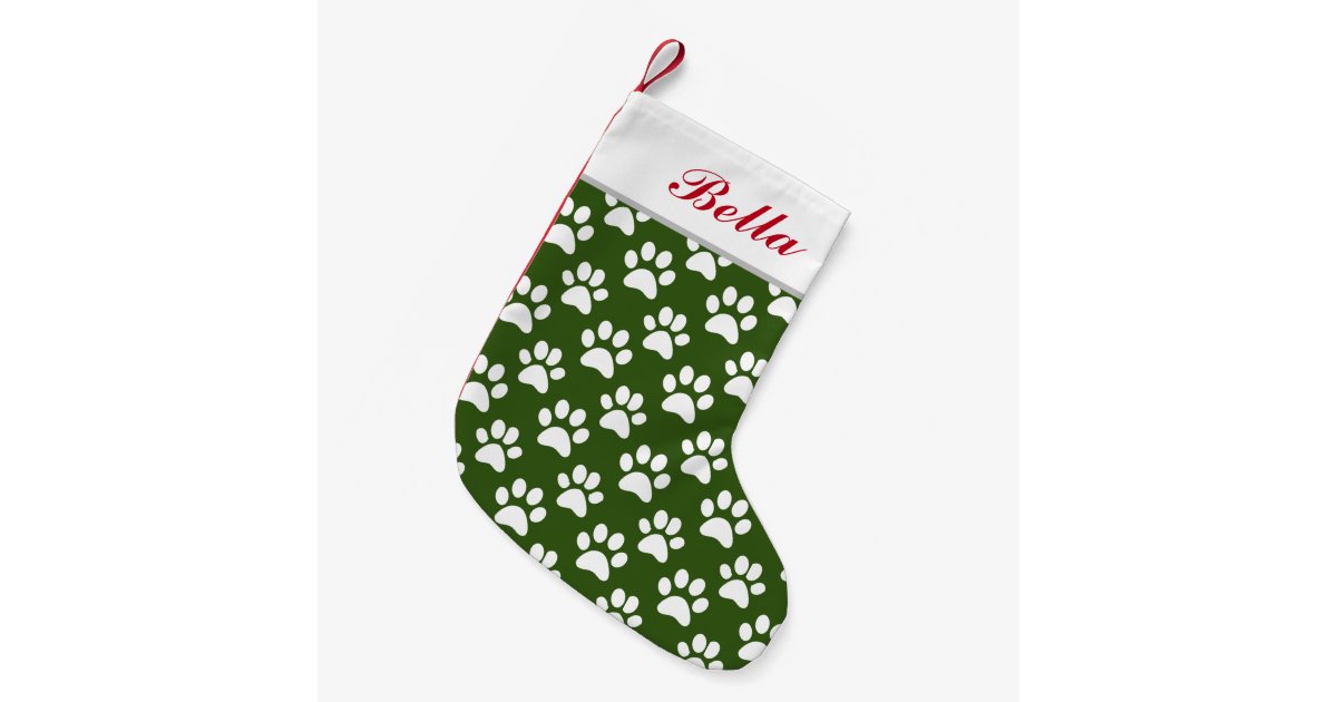 Pet Dog Cat Name Green White Paw Prints Small Christmas Stocking Zazzle Com