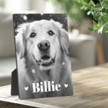 Pet dog cat name hearts plaque<br><div class="desc">Photo plaque featuring your custom pet photo with with the pet's name as a white text overlay flanked by two hearts.</div>