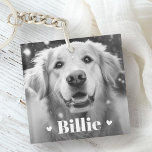 Pet dog cat name hearts two photos keychain<br><div class="desc">Photo keychain featuring your custom pet photo with with the pet's name as a white text overlay flanked by two hearts.</div>