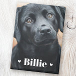 Pet dog cat name hearts two photos magnet<br><div class="desc">Fridge magnet featuring your custom pet photo with the pet's name as a white text overlay flanked by two hearts.</div>