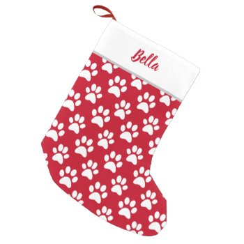 Pet Dog Cat Name Red White Paw Prints Small Christmas Stocking by HasCreations at Zazzle
