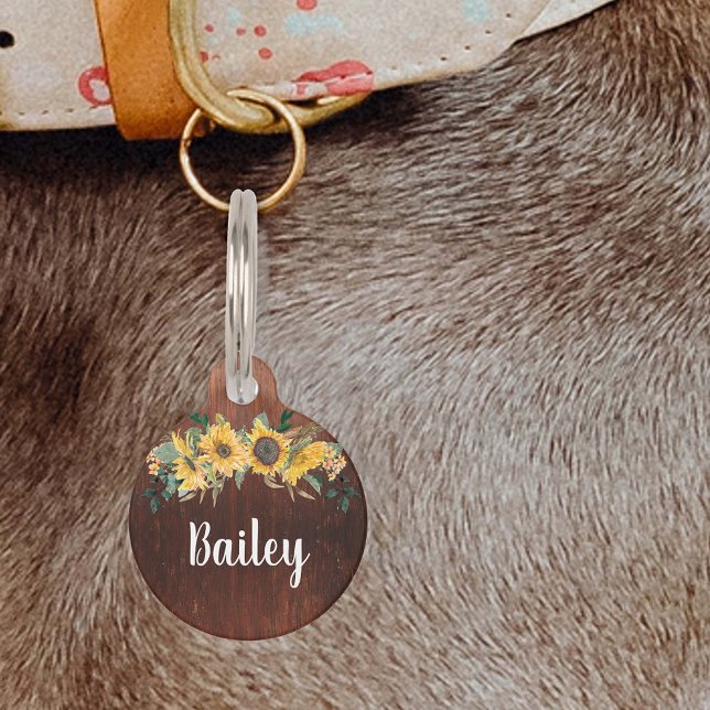 Pet Dog Cat Rustic Wood Country Sunflower ID Tag (Creator Uploaded)