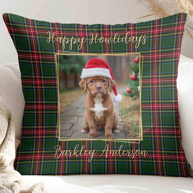 Pet Dog Christmas Plaid Custom Gold Modern Photo Throw Pillow (Creator Uploaded)