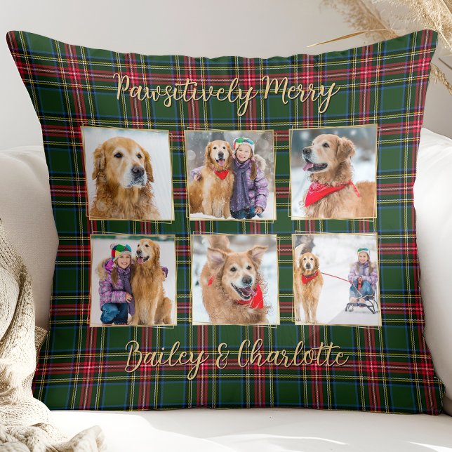 Pet Dog Custom Gold Photo Collage Christmas Plaid Throw Pillow (Creator Uploaded)
