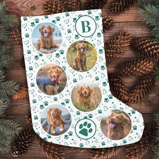 Pet Dog Custom Photo Collage Monogram Paw Prints Small Christmas Stocking (Creator Uploaded)