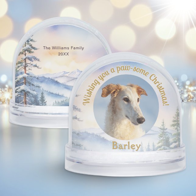 Pet Dog Custom Photo Elegant Christmas Snow Globe (A Christmas snowglobe to personalize with a photo of your dog, your pet's name and text on the back)