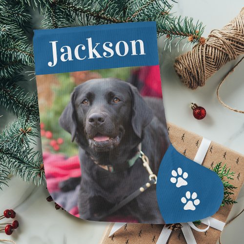 Pet Dog Custom Photo Holiday Blue Personalized Large Christmas Stocking