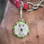 Pet dog Custom Photo Name Paw prints Light green Pet ID Tag<br><div class="desc">Cute dog tag with black paw prints and pink hearts pattern on light green color. • Easily personalize it with your pet's name, your address and phone number, and replace the template photo with your own pet's photo. Customize further - change text font and color, edit images and more! •...</div>