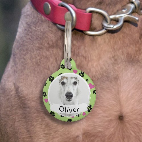 Pet dog Custom Photo Name Paw prints Light green Pet ID Tag