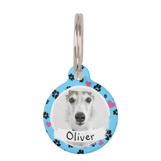 Pet dog Custom Photo Name Paw prints on blue