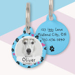 Pet dog Custom Photo Name Paw prints on blue Pet ID Tag<br><div class="desc">Cute black paw prints and pink hearts pattern on blue color. 🔹 Easily personalize it with your pet's name, your address and phone number, and replace the template photo with your own pet's photo. Customize further - change text font and color, edit images and more! 🔹🔹🔹 Send me a photo...</div>